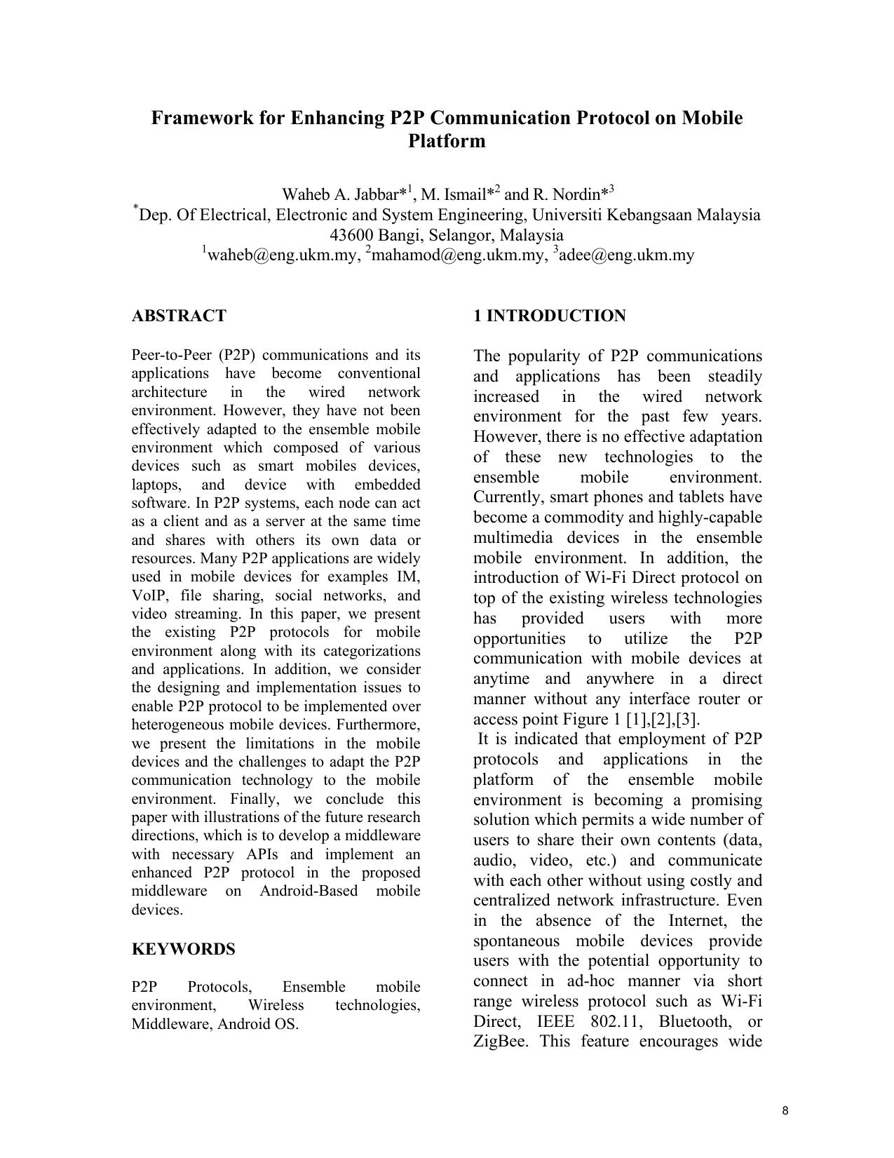 Framework for Enhancing P2P Communication Protocol on Mobile Platform