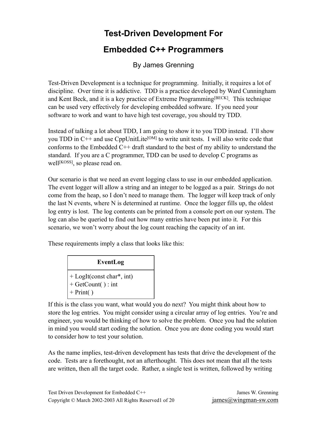 Test-Driven Development For Embedded C++ Programmers: Paper