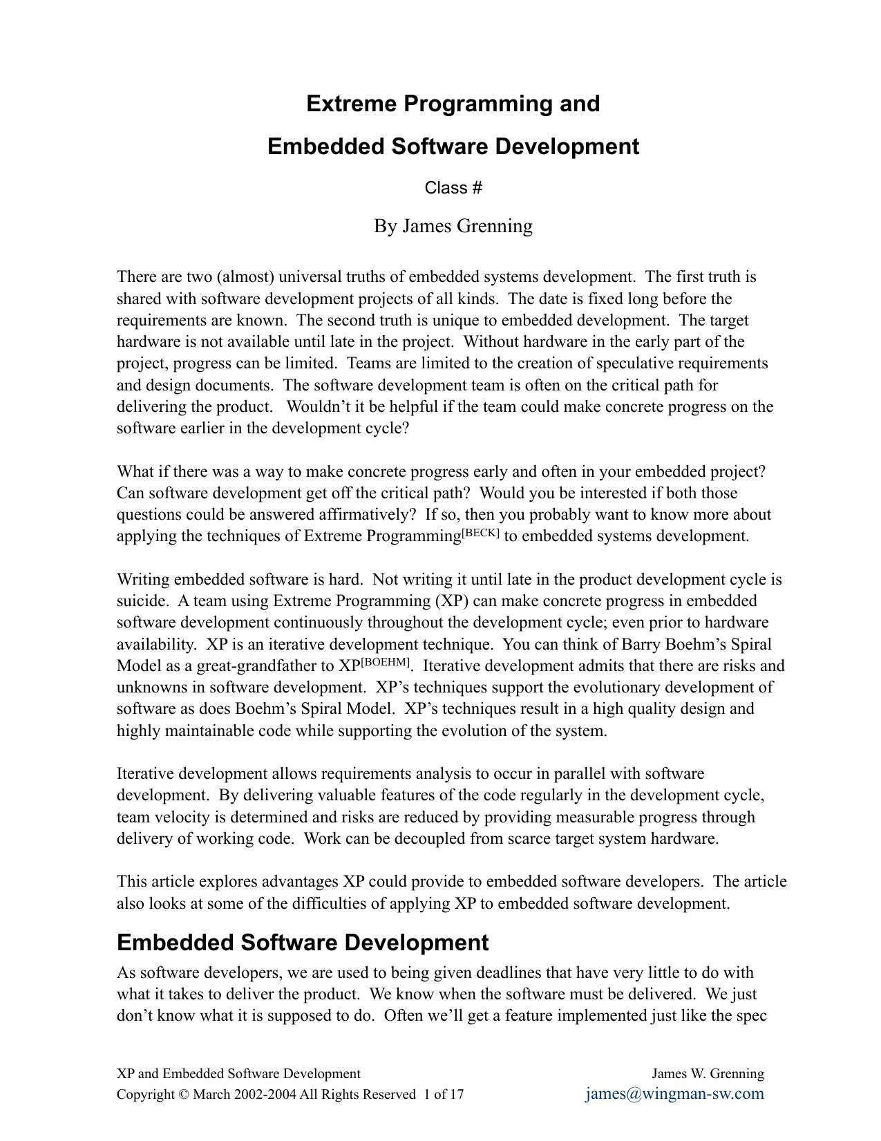 Extreme Programming and Embedded Software Development: Paper