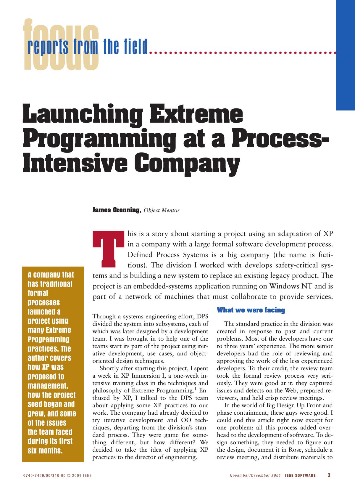 Launching Extreme Programming at a Process-Intensive Company