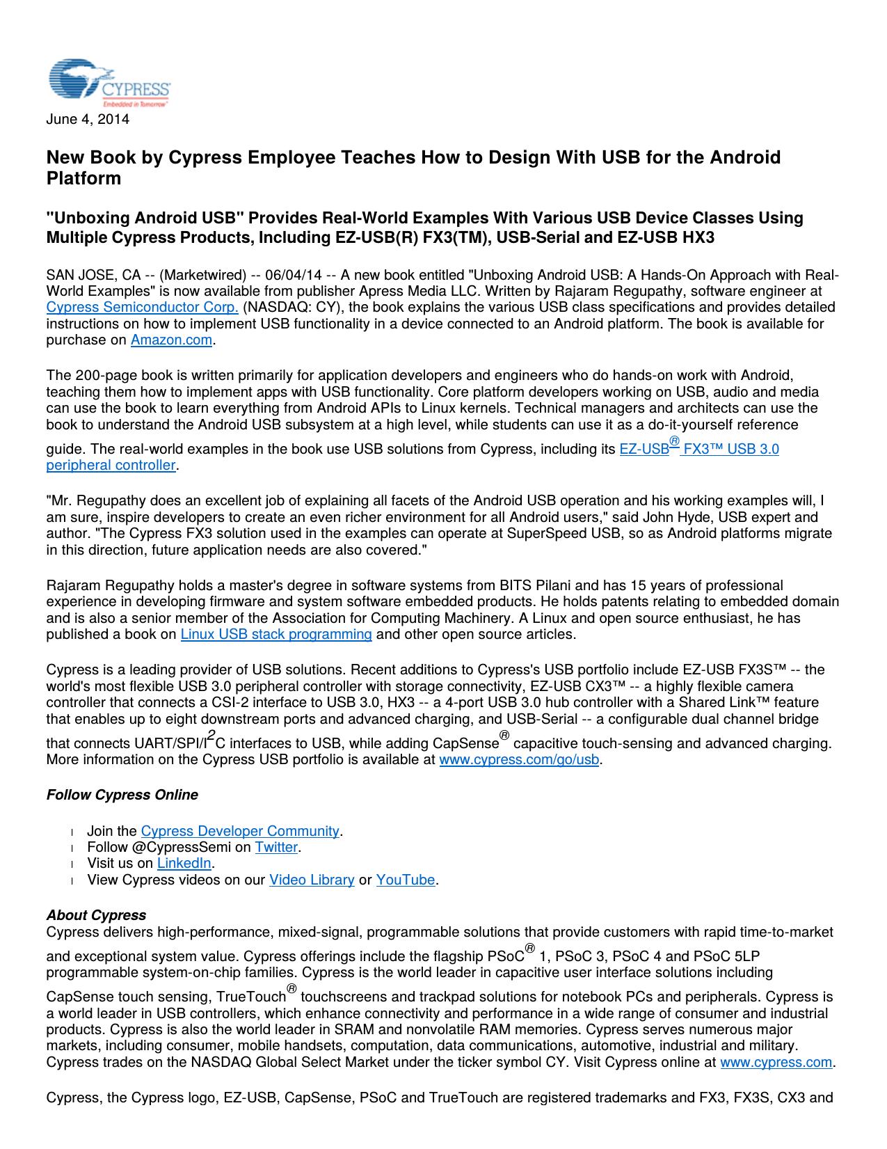 Unboxing Android USB: New Book by Cypress Employee Teaches How to Design & USB for the Android Platform